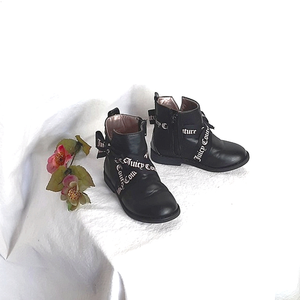JUICY COUTURE Black Moto Booties, Pink & Black Ribbon/Bows